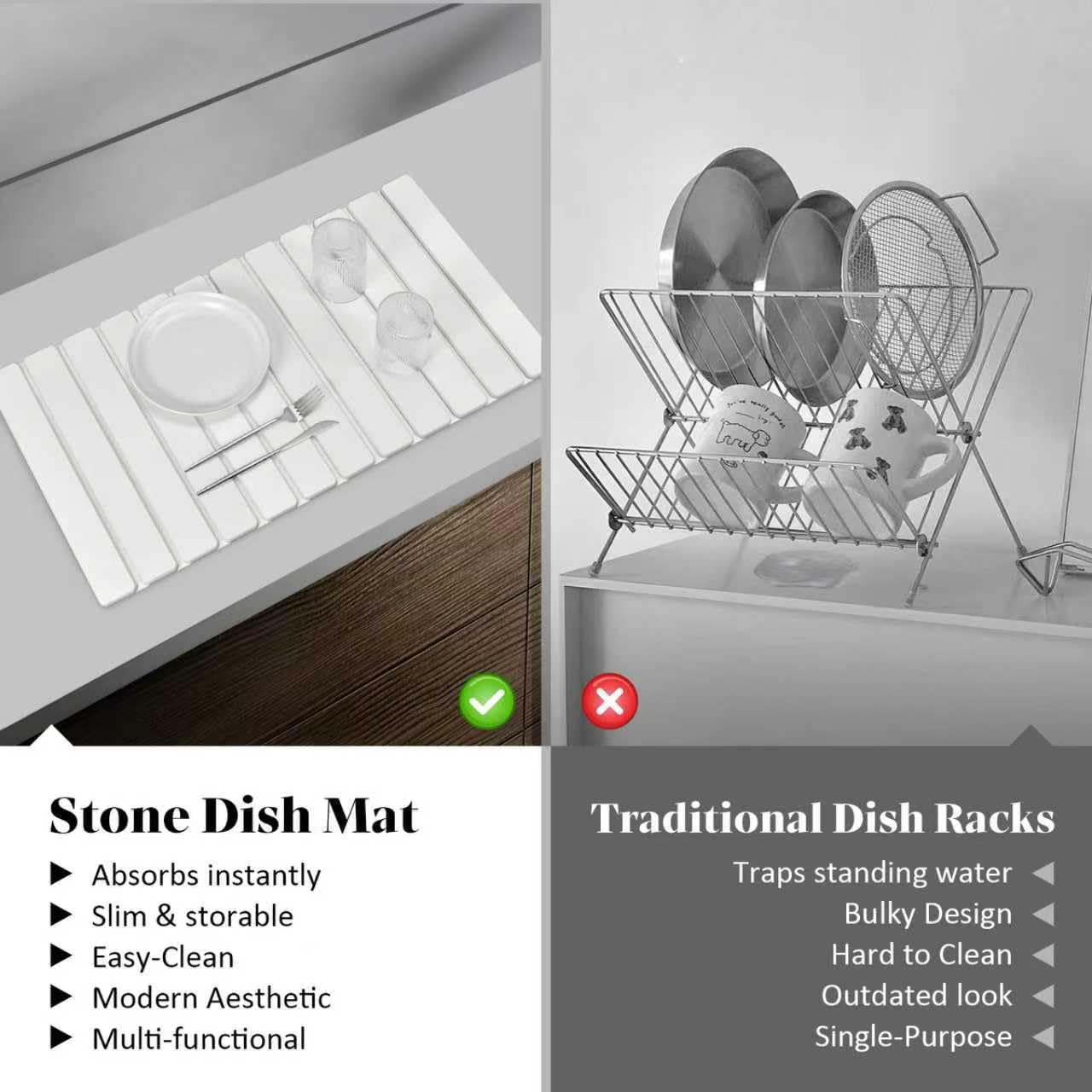 Extral Large Stone Dish Drying Mats for Kitchen Counter, 28(L)×16(W) Quick Dry Dish Drying Mat, Collapsible Eco-Friendly Absorbent Diatomaceous Earth Mat for Dishes Cups, Match Any Countertop